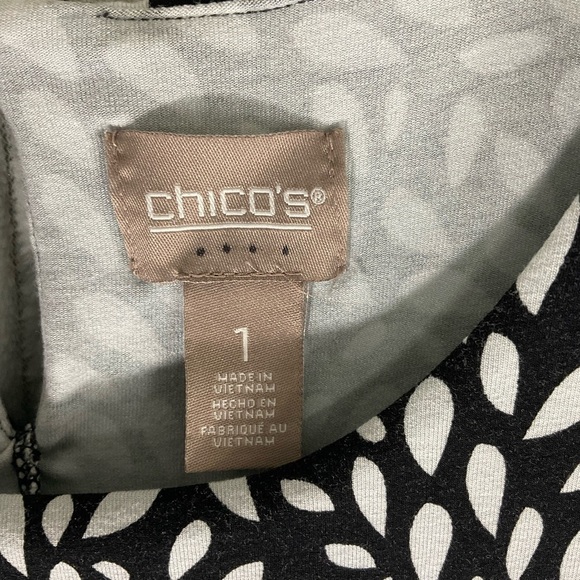 Chico's Dress Womens 1 Black White 'Pretty Petal Ellie' Tiered Midi Stretch Work - Picture 3 of 14